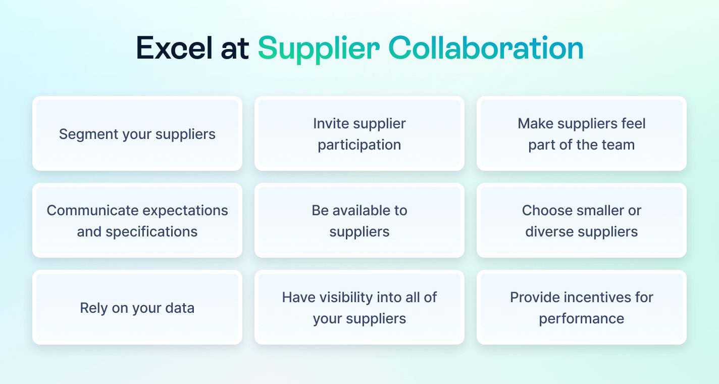 Nine ways to excel at supplier collaboration: segment your suppliers, invite supplier participation, make suppliers feel part of the team, communicate expectations and specifications, be available to suppliers, choose smaller or diverse suppliers, rely on your data, have visibility into all of your suppliers, and provide incentives for performance
