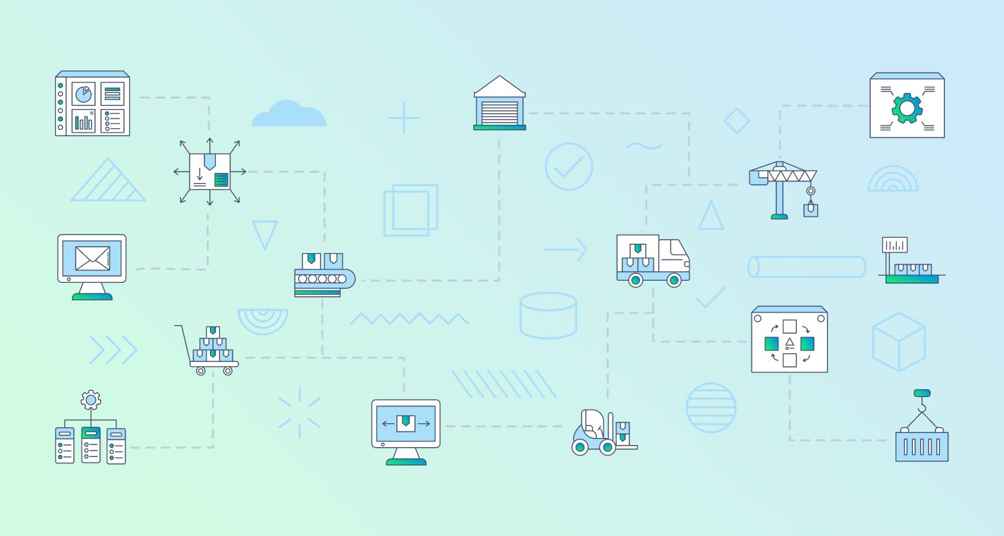 Illustration: data, warehouses, transport and production linked along one supply chain